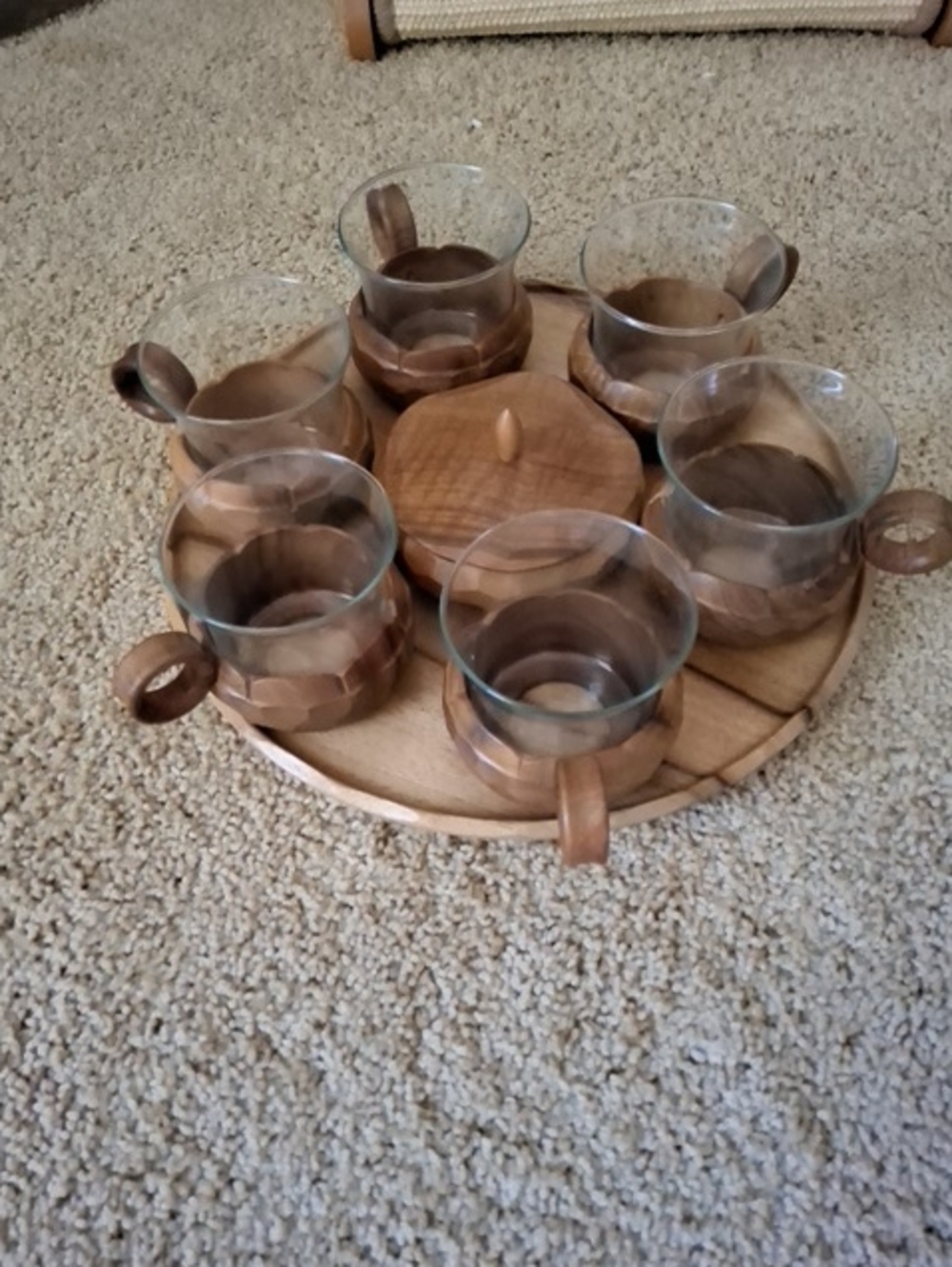 1960's Schott & Gen Mainz W/Jena Glass/Teak 6 Coffee Cups, Sugar & Teak Tray